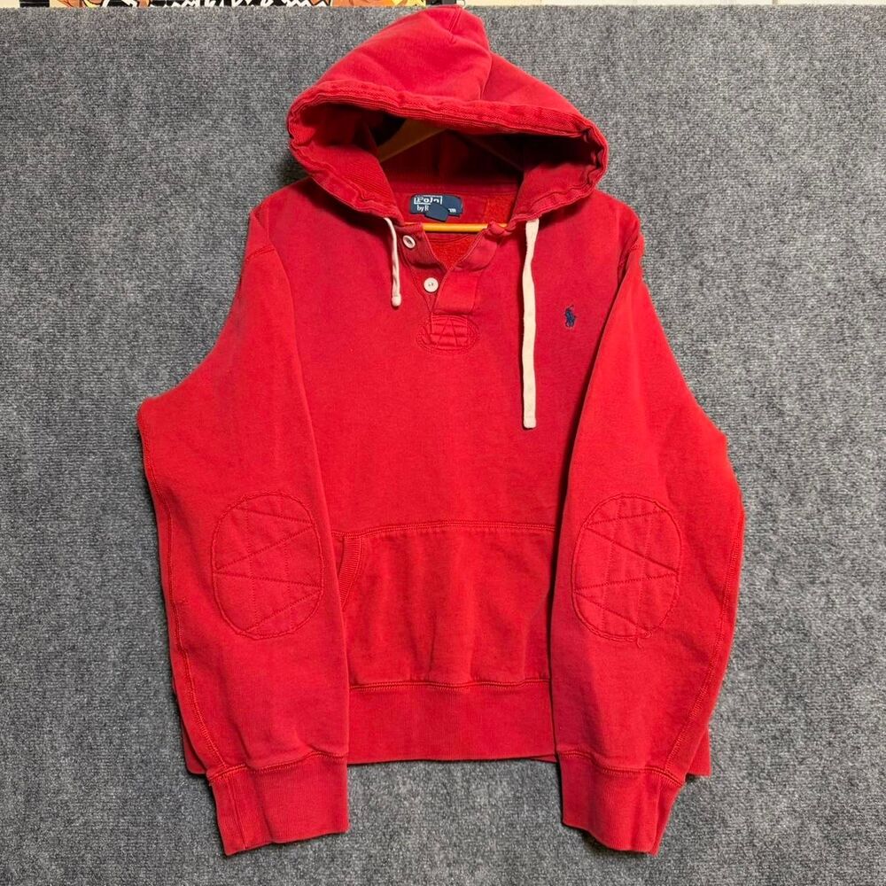 Vintage 90’s Ralph Lauren red hoodie with embroidered logo and quilted elbow pat